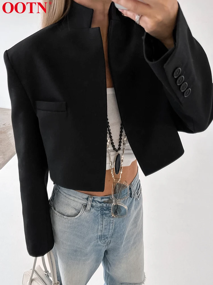 OOTN Black Coats Women Long Sleeve Turn Down Collar Outerwear 2024 Autumn Fashion Ladies Crop Tops Solid Winter Streetwear