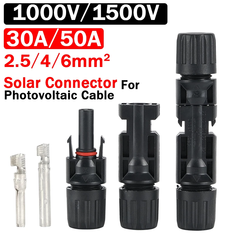 1000V/1500V PV Solar Connector DC 30A/50A Plug Kit for Solar Panels and Photovoltaic Systems 2.5/4/6mm2 IP67 Waterproof