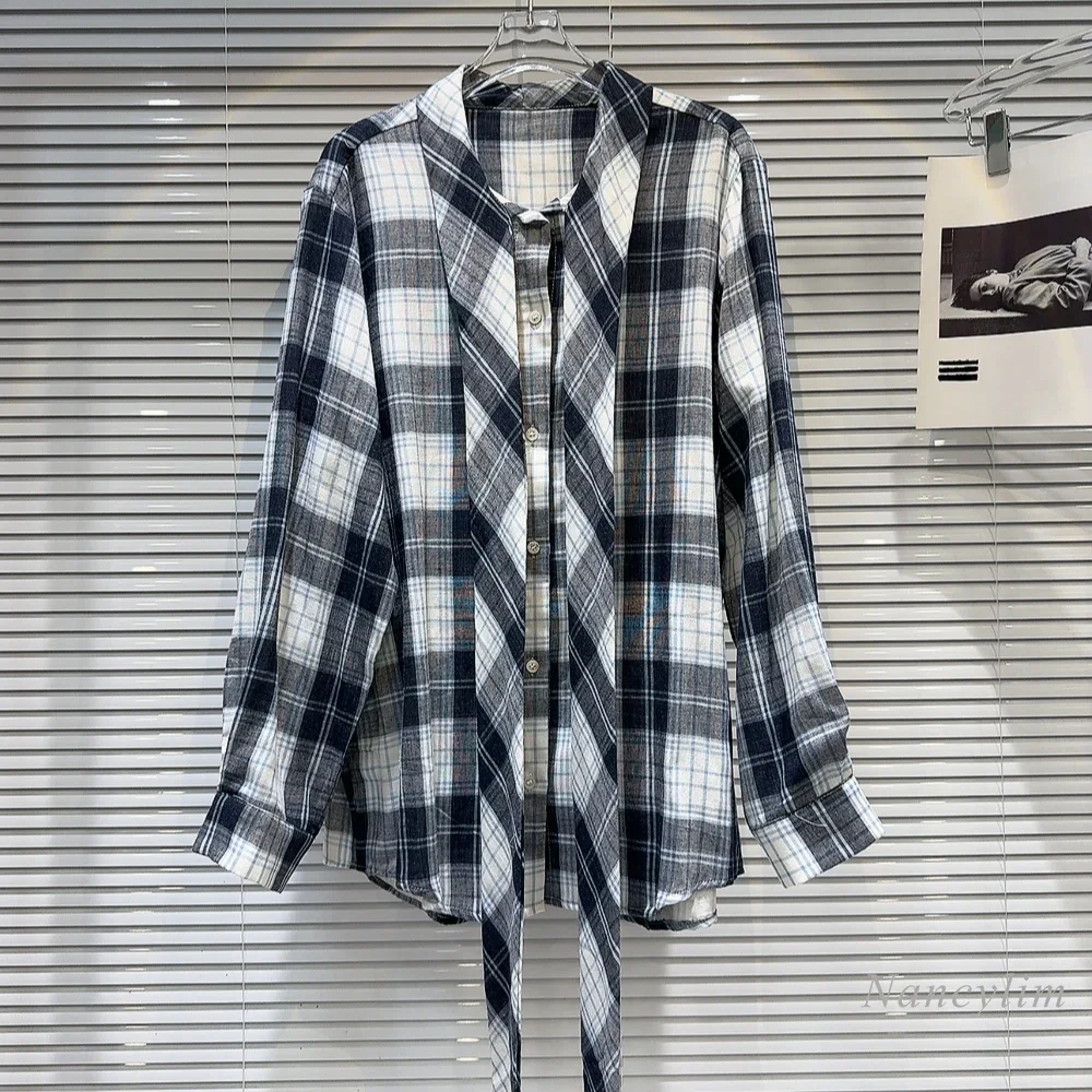 

2024 Autumn Loose Plaid Blouse for Women New Bandage Collar Contrast Color Grid Hot Girl Long Sleeve Shirt Street Top Blusas