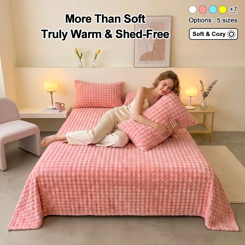 Plush Fuzzy Winter Bed Sheet, Soft Warm Shed‑Free Bubble Flannel Flat Sheet, Cozy Thick Bed Cover for Bedroom Guest Room