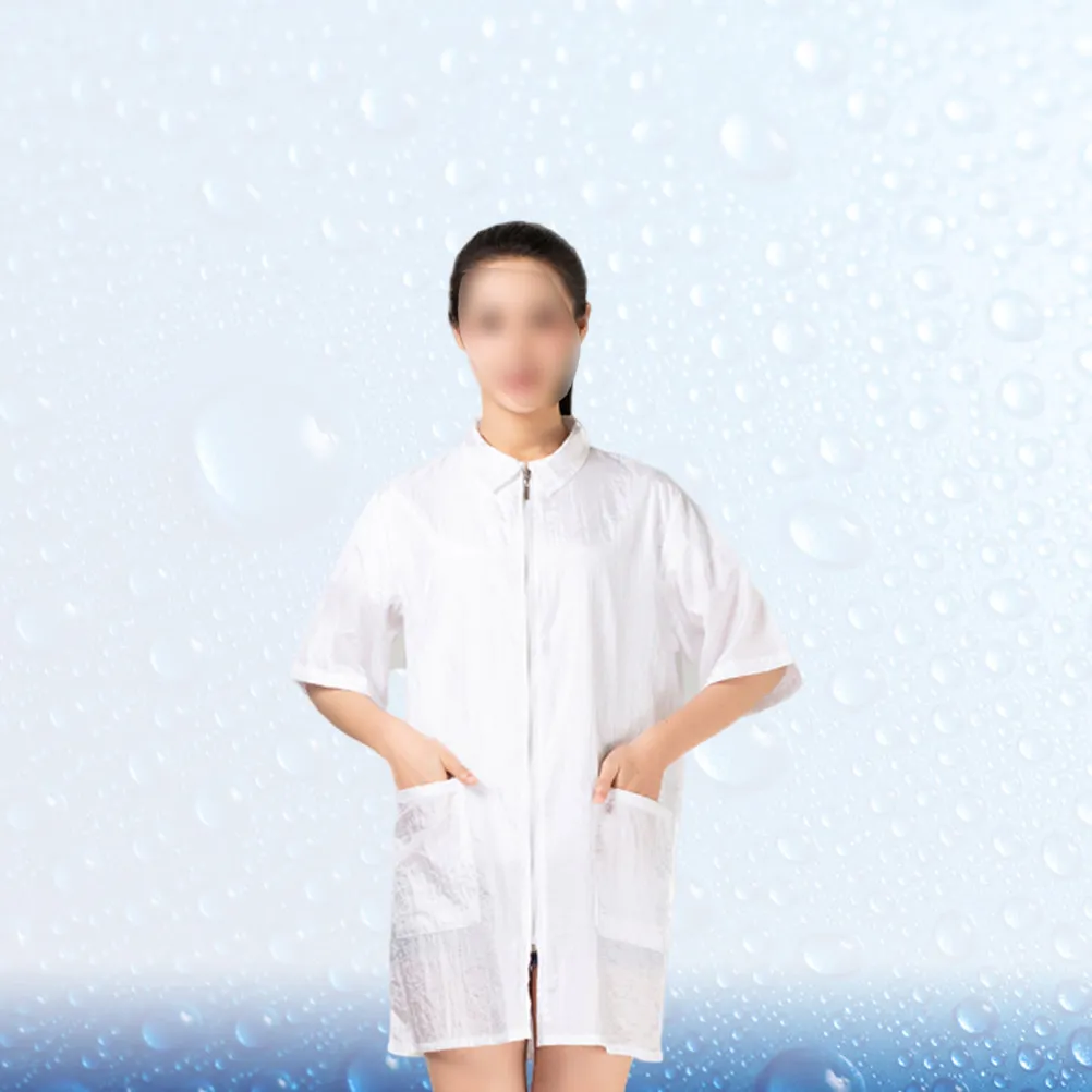 헤어 염색약 방지 의류 화이트 L 프리미엄 나일론 방수 경량 턴다운 칼라 포켓 디자인 세척 용이 지퍼 잠금 (살롱용)
