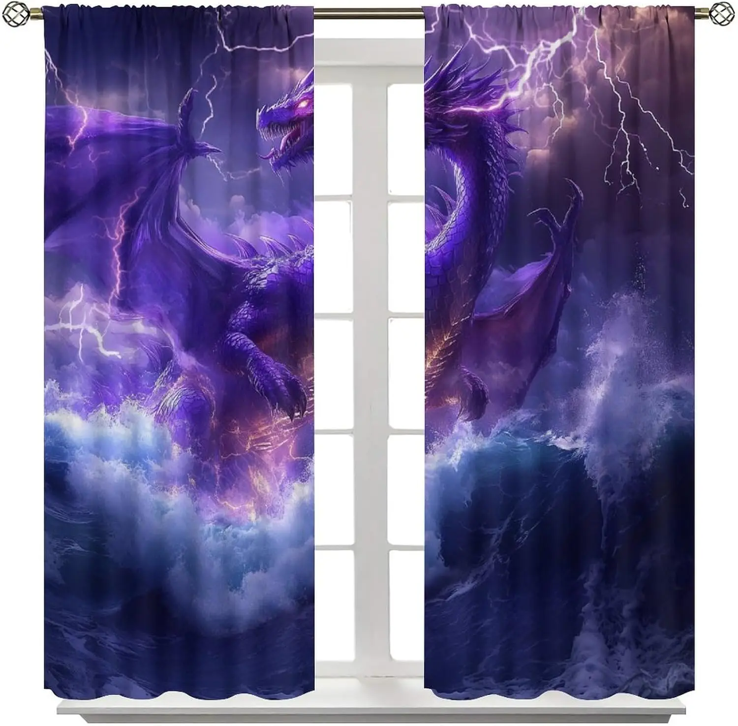 Purple Lightning Dragon Curtains, Winged Design, Rod Pocket Drapes for Bedroom Decor
