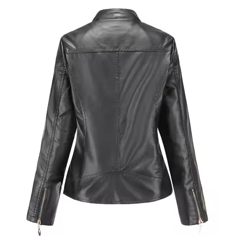 Black Stand Up Collar Women's Faux Leather Jacket, Autumn Zipper Casual PU Jacket, Women's Outdoor Fashionable Wearing