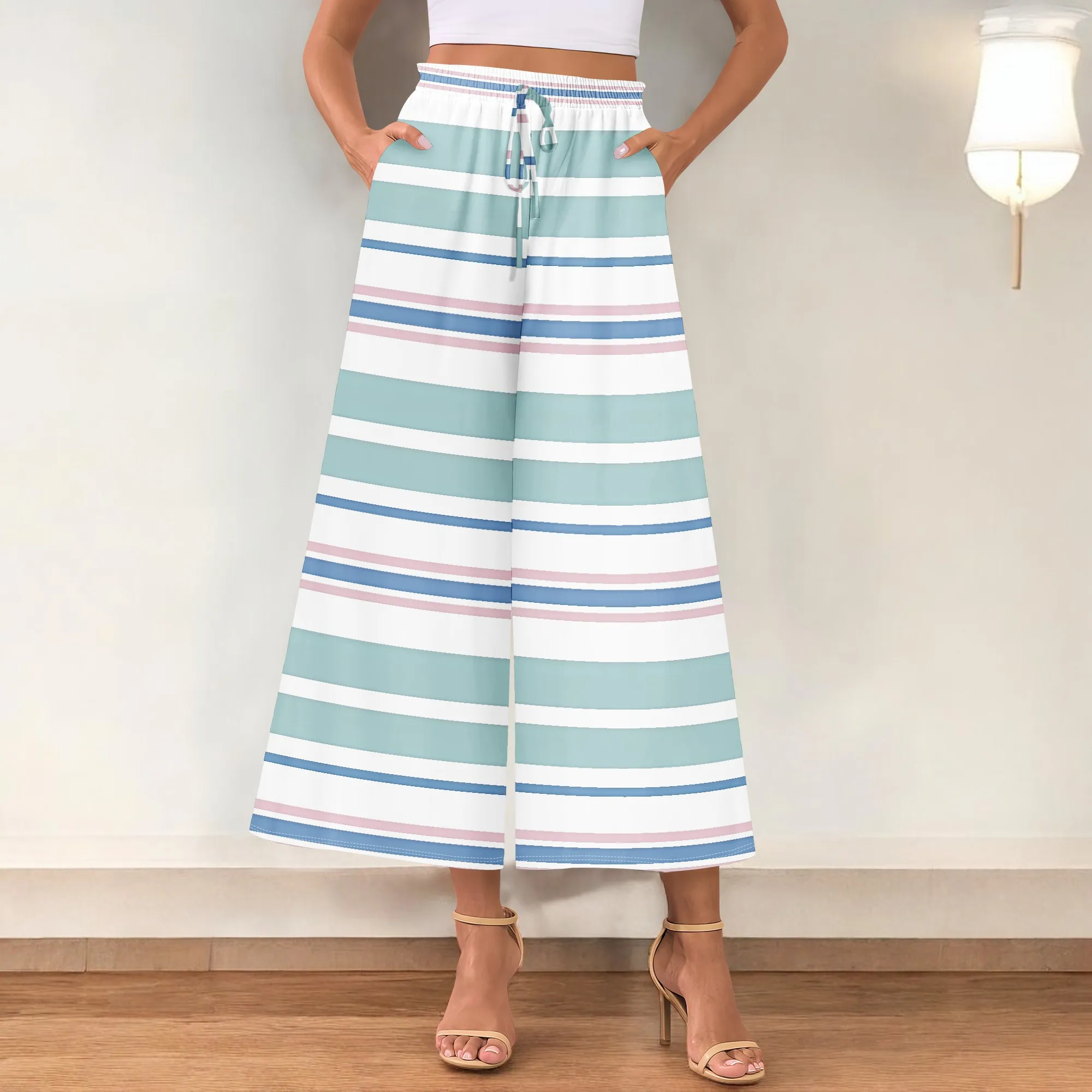 

EQQZD Fashion Long Pants with Patch Pockets, Elegant Striped Printed Wide-Leg Pants for Women