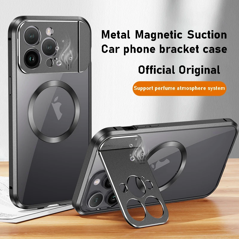 For iphone 15 14 13 Pro Max Case Magnetic Magsafe Metal Aluminum alloy phone holder Protective Fragrance back Cover