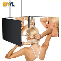 Black Portable 360 Trifold Mirror with Height Adjustable Telescoping Hooks Ideal for Self Hair Cutting Makeup Essential Fordable