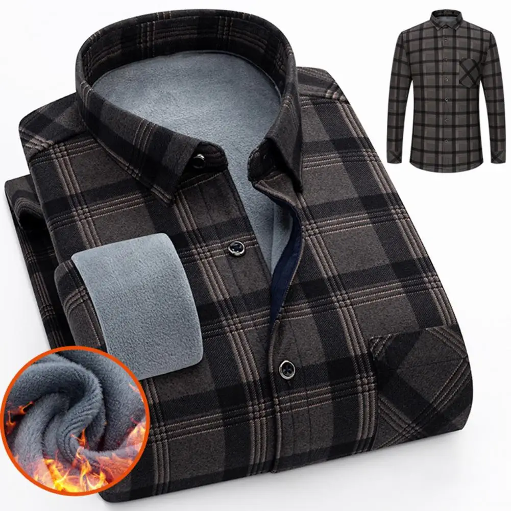 Button-down Slim Fit Shirt Fashionable Men's Plaid Print Business Shirt Slim Fit Long Sleeve Single Breasted Thick for Autumn