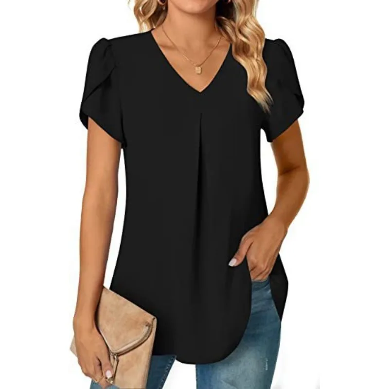 Summer Women\'s Elegant Commuter Shirt Simple Solid Color Fashion V-neck Petal Sleeve Shirt Casual Holiday Women\'s Shirt