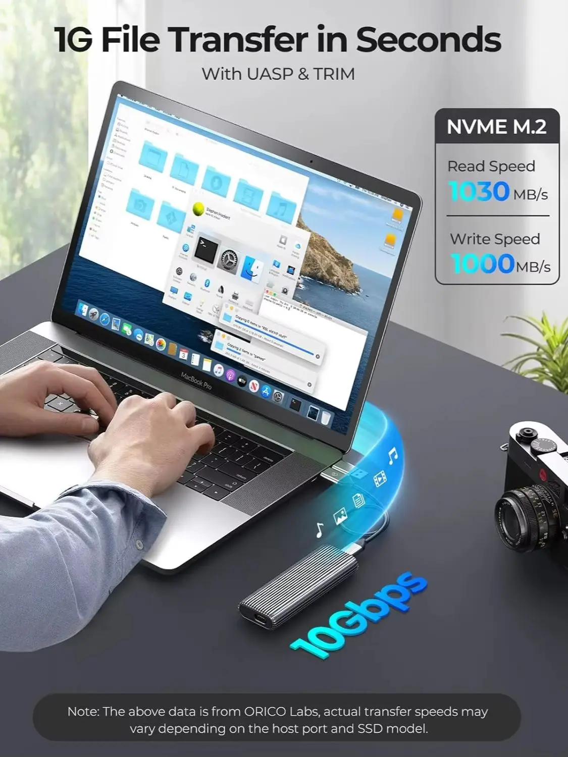 ORICO M.2 NVMe SSD Gehäuse, 10 Gbps USB3.2 USB-C Werkzeuglos Adapter für M.2 PCIe M-Key 2230/2242/2260/2280 SSD, Externe M2 Gehäuse mit UASP Trim SMART