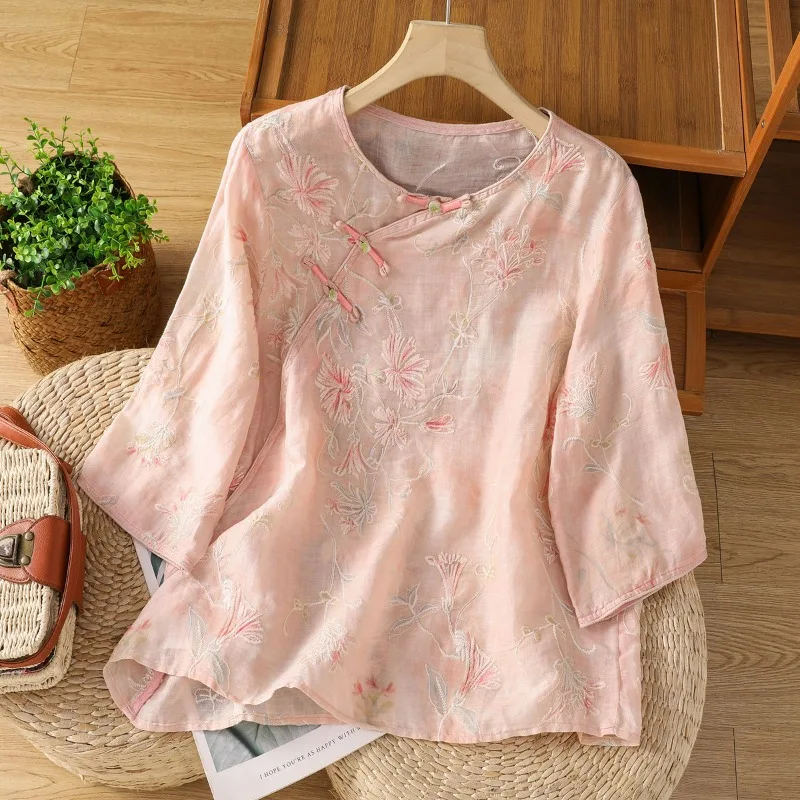 

Summer New Retro Diagonal Button Cotton and Linen Shirt Women Chinese Style Heavy Industry Embroidered Round Neck Womens Tops