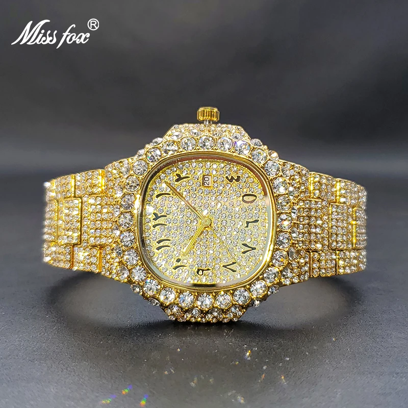 MISSFOX Luxury Watch For Men 2024 Square Fashion Hip Hop Street Style Diamond Watches With Iced Out Band Auto Calendar Relogio