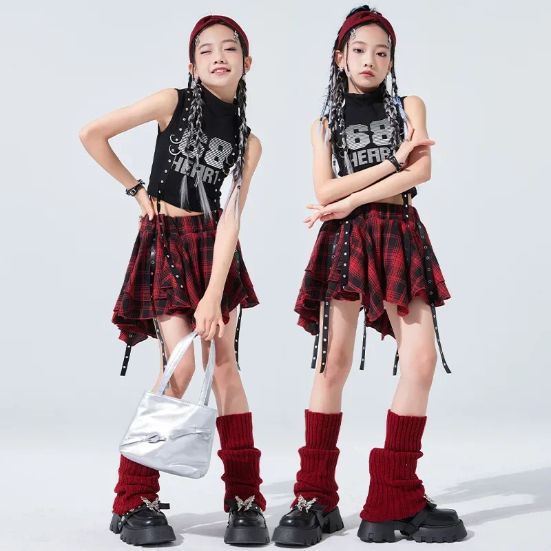 Girls Jazz Dance Clothes Black Vest Red Plaid Skirt Cool Hip Hop Suit Group Cheerleading Performance Outfits Kpop Stage Costumes - Detail 1