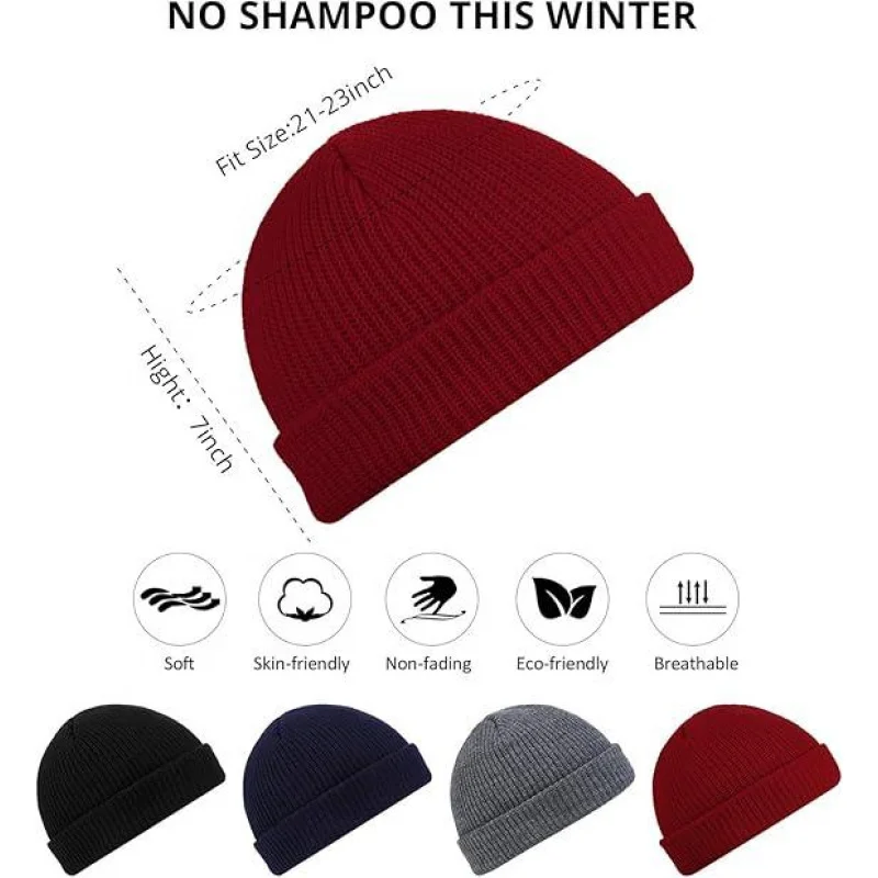 2 or 4 Piece Fisherman Beanie for Men Hat Short Knit Cuff Beaniess Trawler Beanie Watch Hat Roll up Edge Skullcap Unisex