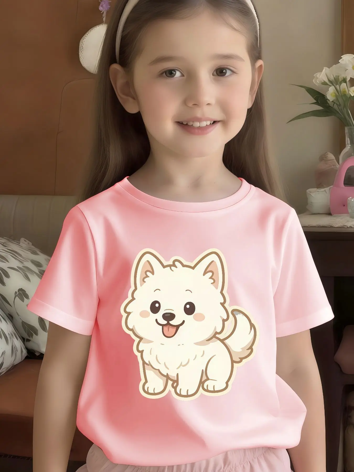 Samoyed Puppy Kids Tee Round Neck Short Sleeve Boys Girls Family Matching Soft Casual Breathable Parent Child Daily Comfort Wear