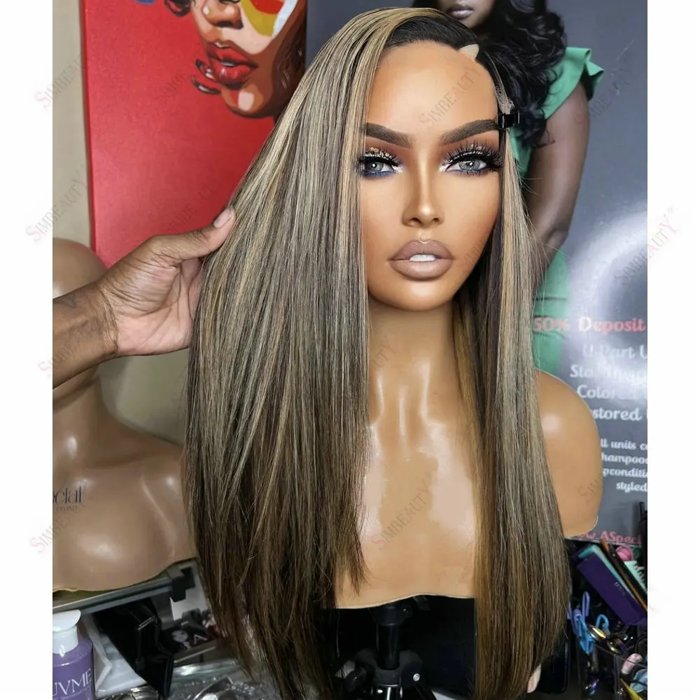 Seidig glattes 100% Remy Echthaar 1x4 V-Part Perücke für schwarze Frauen, Highlight Blonde, klebefreie U-Part Perücke mit Clips – Detail 2