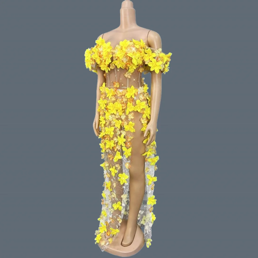 3D イエローフラワー クロップトップス ロングスカート 2 ピースセット 誕生日 プロム ストラップレス イブニングドレス ショーナイトアウト パーティー衣装 黄花班