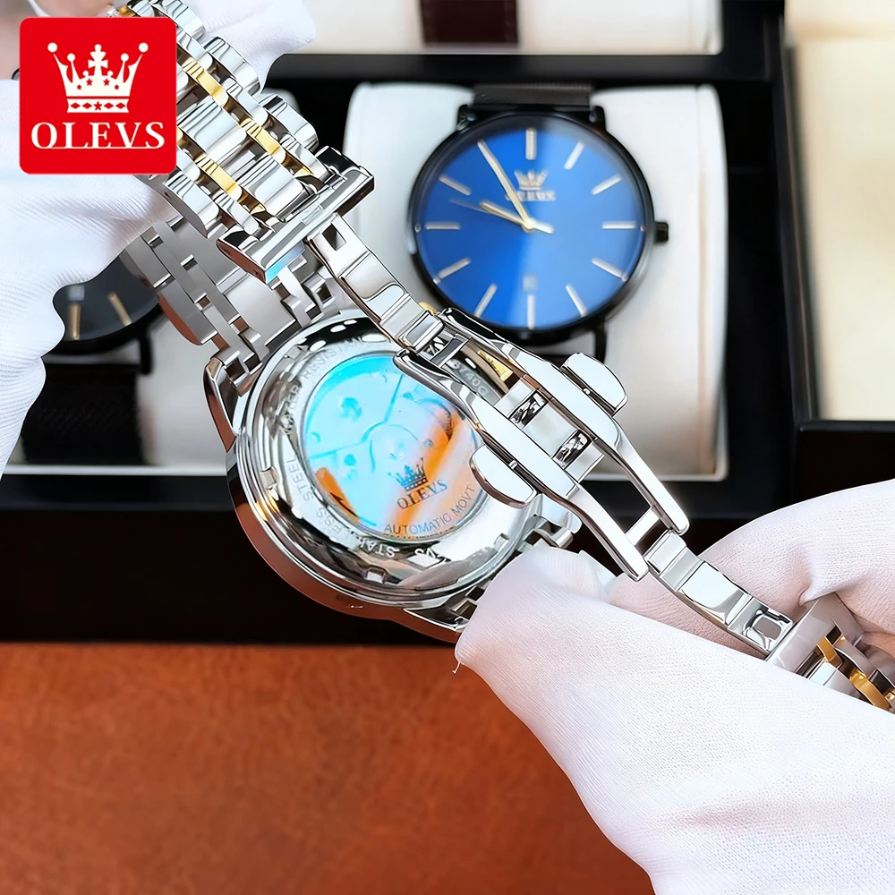 ساعات رجال الأعمال OLEVS من الفولاذ المقاوم للصدأ موضة أصلية ساعة يد ميكانيكية أوتوماتيكية مقاومة للماء تقويم مرحلة القمر جديد