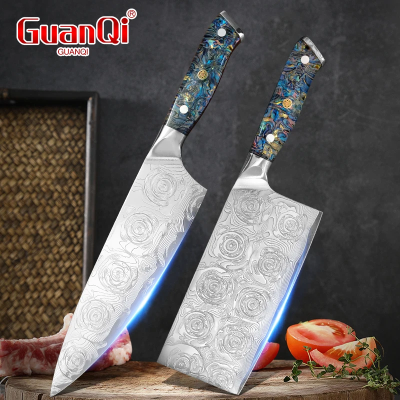Professional Chef Knife Set Damascus Steel Super Sharp Meat Cleaver Cut Fruit Vegetables Abalone Shell Handle Kitchen Knife