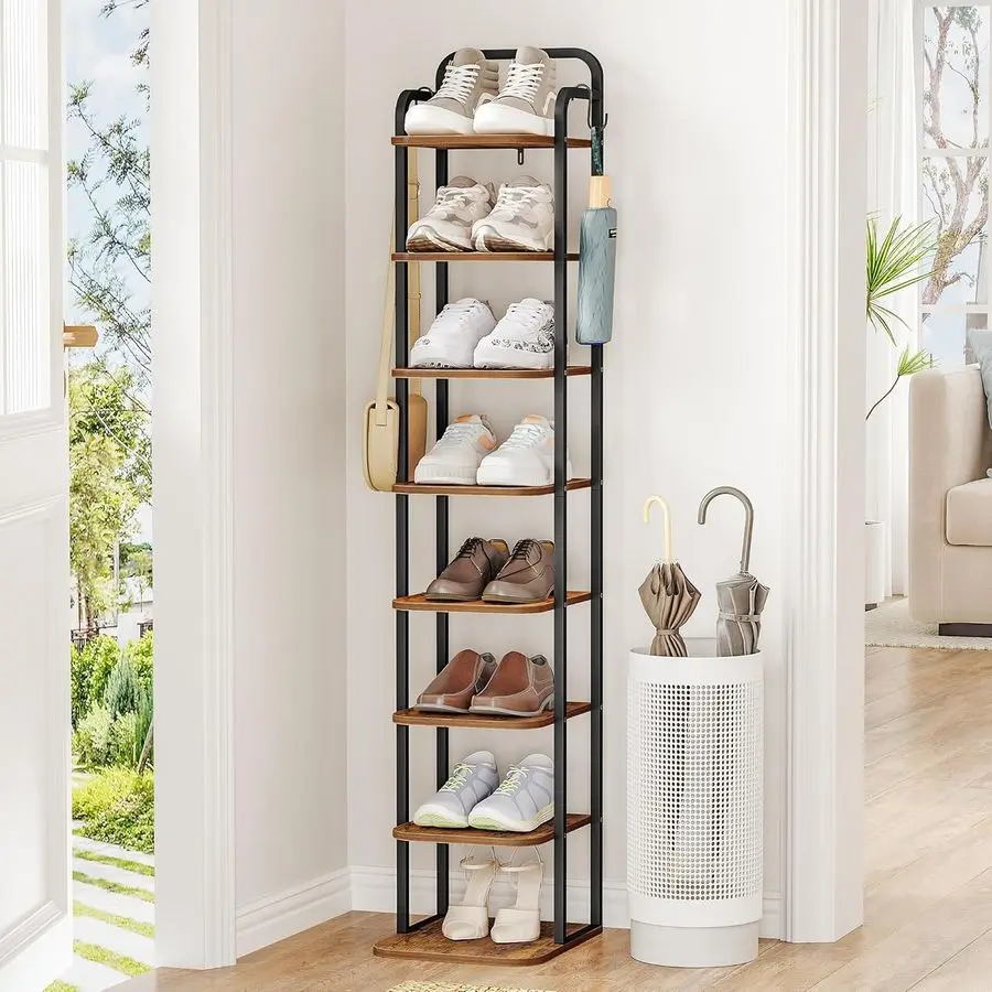 

Tiers Vertical Shoe Rack, Narrow Shoe Tower, Tall Shoes Shelf with 2 Hooks, Adjustable Shelves, Corner Shoes Shelves for Small S