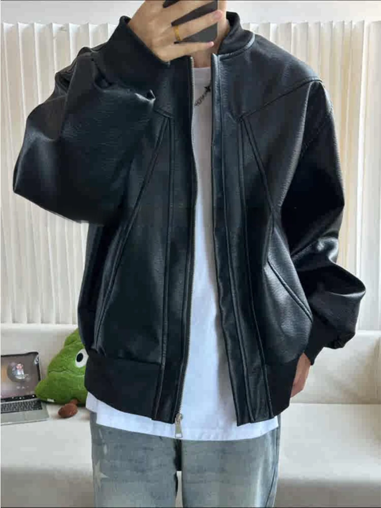 

American Sle Baseball Collar PU Leather Jaet Men's Faion Brand Spring Autumn Haome Deconstructed ort Ball Game Coat