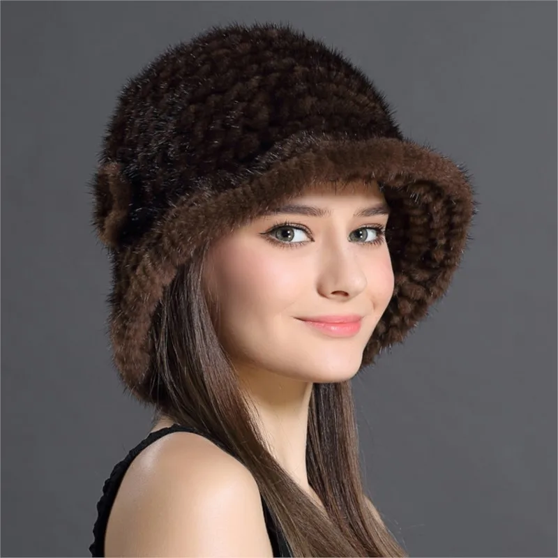 Warm women's fur hat real wool woven fashion flower top