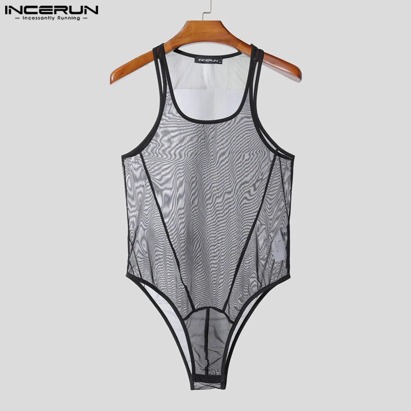 

INCERUN Men Bodysuits Mesh See Through O-neck Sleeveless Sexy Male Rompers 2025 Playsuits Skinny Fashion Unisex Bodysuit S-3XL