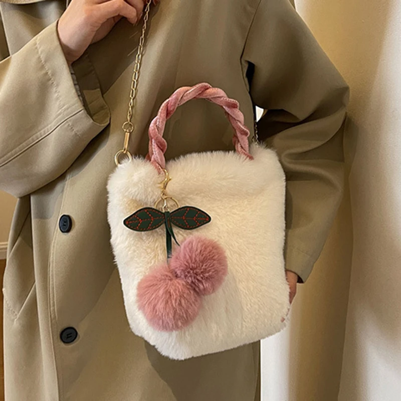 Women Fuzzy Handbag Soft Plush Chain Crossbody Bag with Cherry Charm Cute Shoulder Bag for Daily Office Party Coin Purses