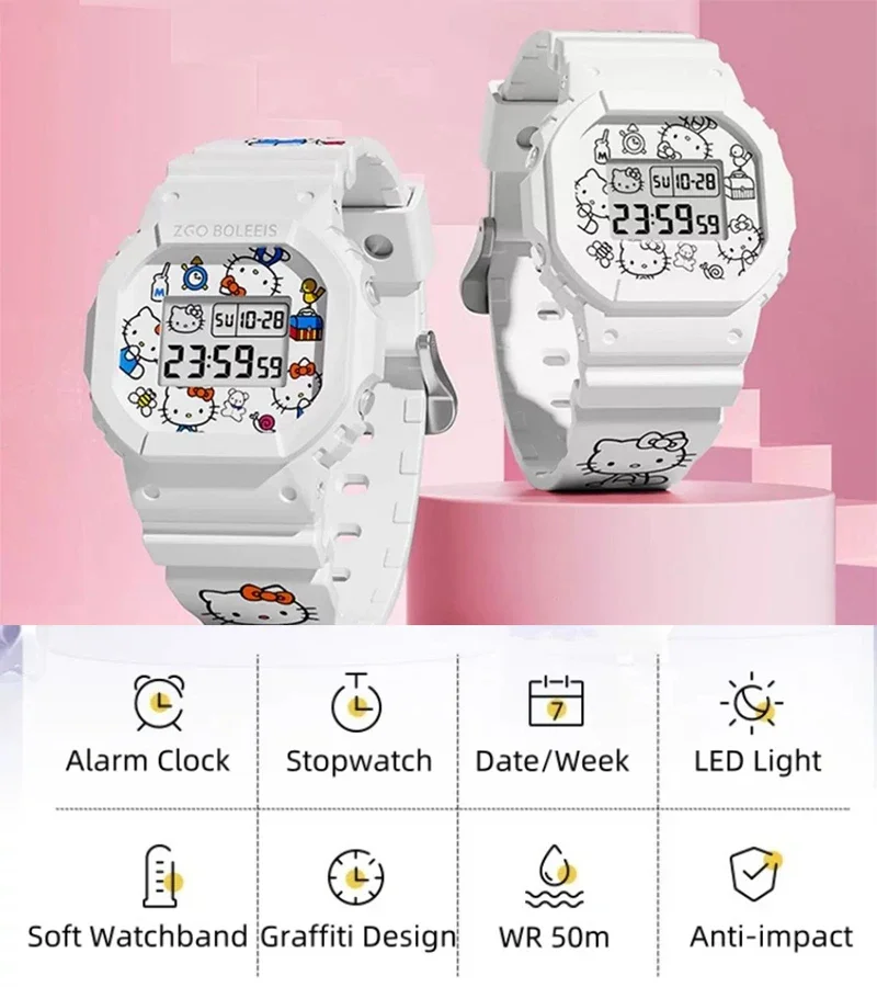 ساعة هالو كيتي، ساعات رقمية LED للطلاب، ساعة سيليكون متعددة الاستخدامات، ساعة يد نسائية مقاومة للماء، ساعة رياضية للأطفال