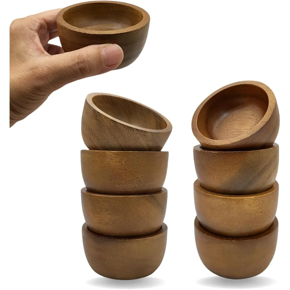 

8-Piece Hand Carved Acacia Wood Bowls, 2.8" Diameter for Dipping Sauce, Salsa, Condiments and Charcuterie