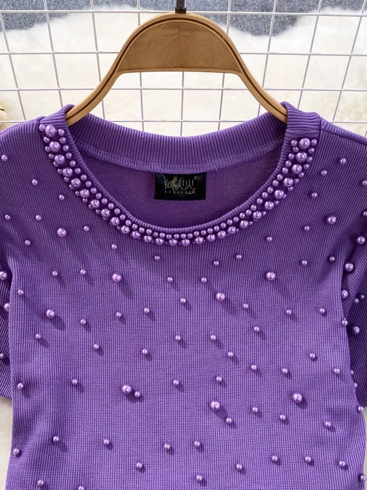 2024 French Elegant Beaded T-Shirt Women Summer New High Quality Purple Round Neck  Slim-Fit Trendy Sweet Short-Sleeved Top Tees