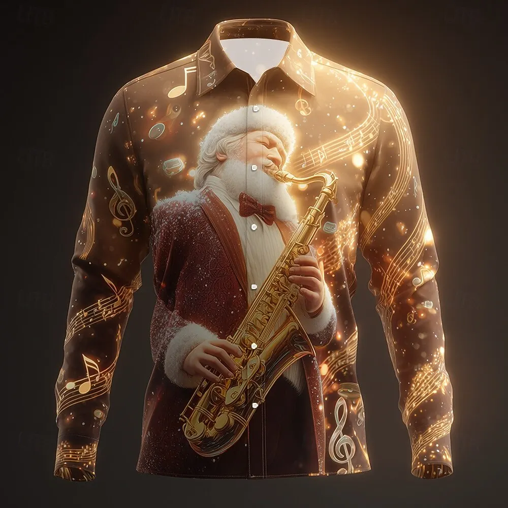 

2025 Рождественская мужская рубашка Санта-Клауса с джазовой музыкой и саксофоном, рубашка на пуговицах с длинным рукавом, рождественские подарки, рубашки с воротником с 3D принтом