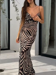 Chiffon Zebra Print Beach Dress Women Sexy See Through Sim Long Party Dresses Summer Spaghetti Strap Backless Holiday Dress 2024