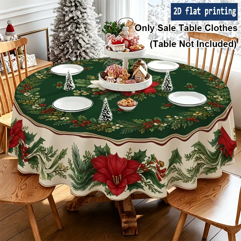 Green and red floral Christmas round tablecloth, party Christmas home decoration, seasonal decorations