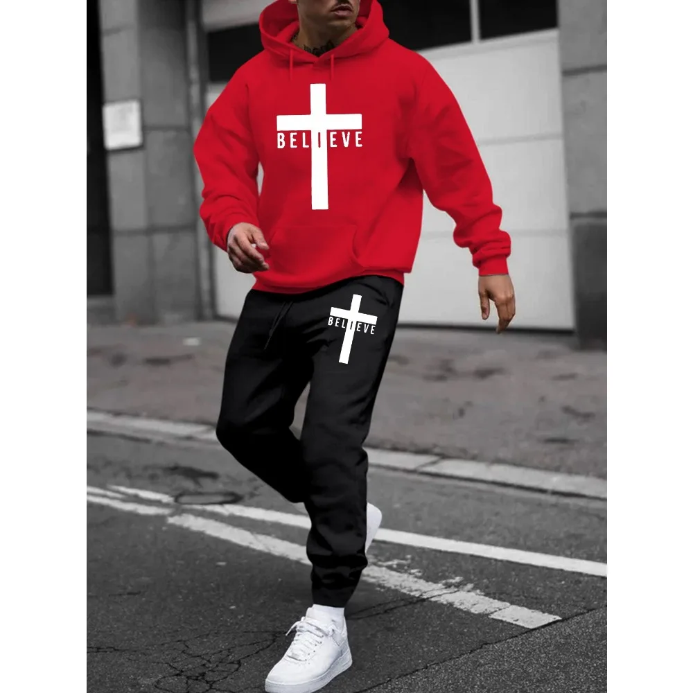 أزياء صدق الصليب طباعة العصرية مقنعين البلوز ومريحة مطابقة Sweatpants مجموعة، الرجال 2PCS الزي الأنيق للخريف #5