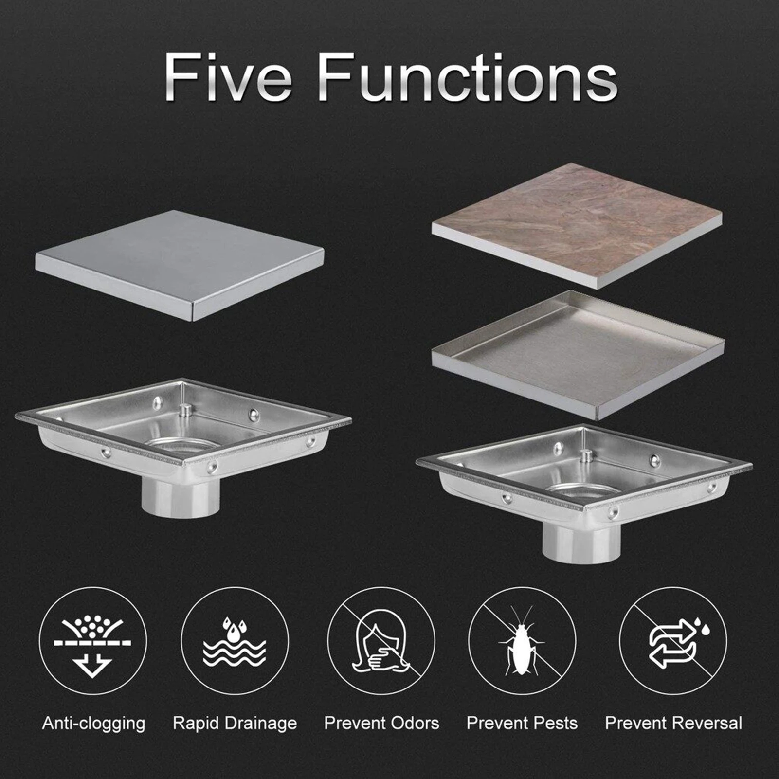Anti-Clogging Floor Drain Durable for Bathroom Shower Kitchen 4 Inch Stainless Steel Linear Drain Cover Rust Resistant Base
