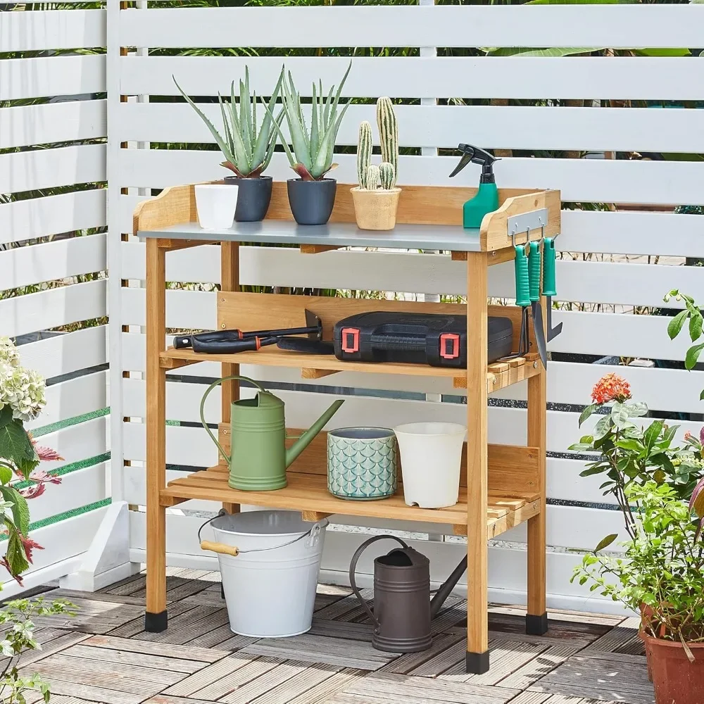 

Potting Bench Table w/Metal Tabletop for Garden, Fir Wood Workstation w/3 Tier Shelves, Outdoor Work Bench