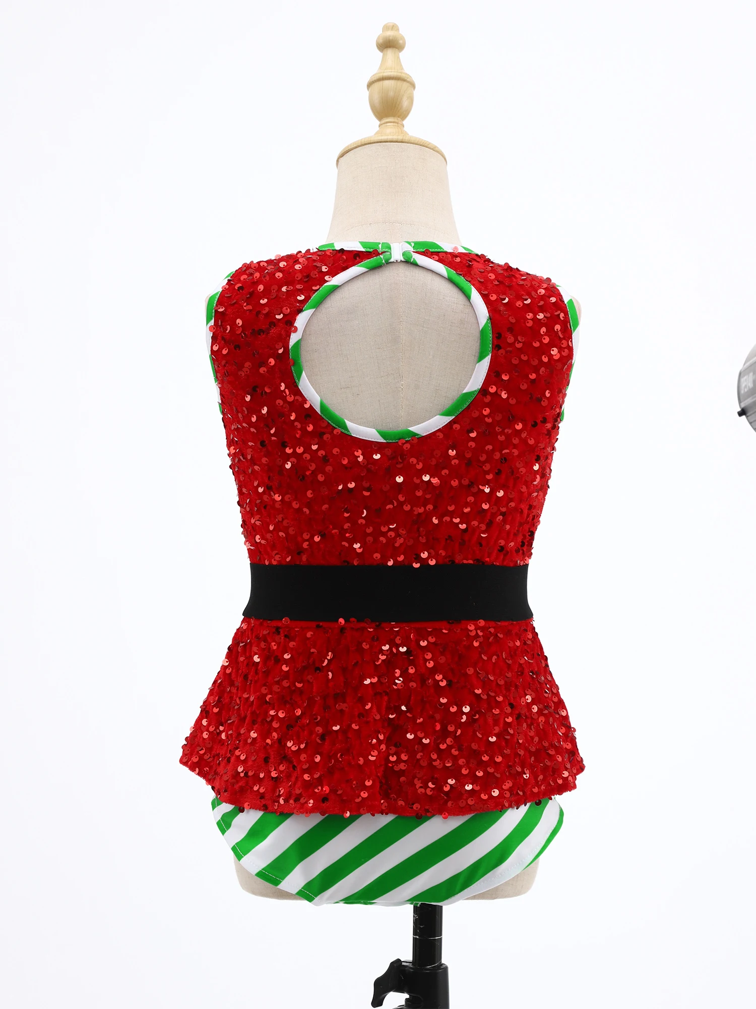 

Girls Christmas Bodysuit Elf Costume Dancewear Sparkly Sequins Jumpsuits Sleeveless Bodysuit Children Dance New Year Xmas Outfit