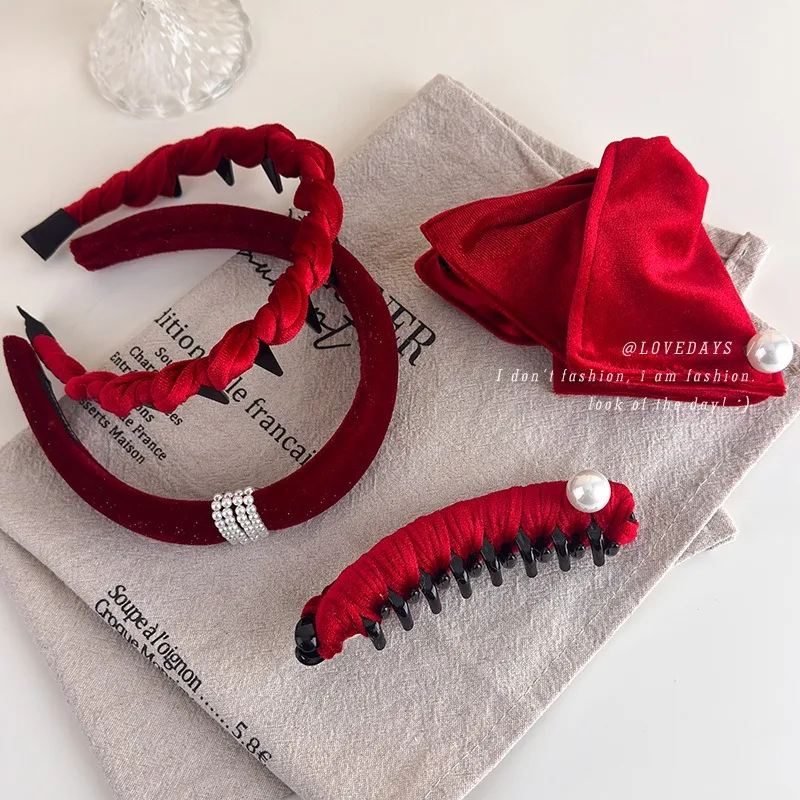 

Red Pearl Wide Headband Back Head Triangle Claw Clip Premium Velvet Elegant Non Slip Hair Accessory for Women Girls Daily Wear