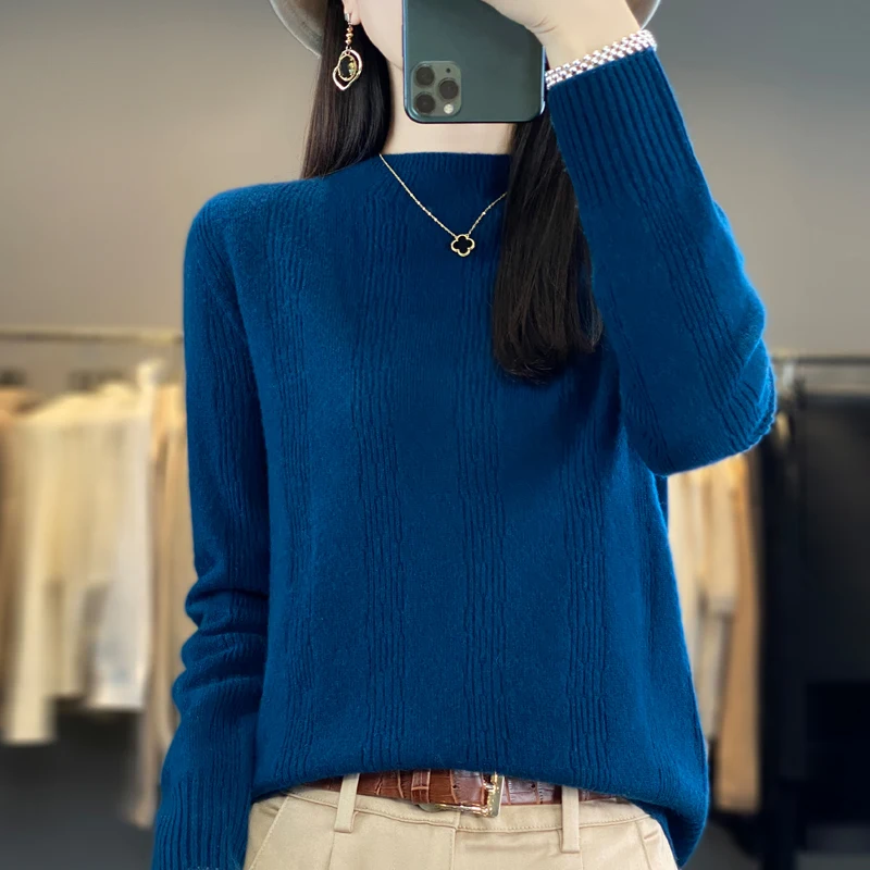 

23 Fall Winter New Woolen Sweater Women's Round Neck Long Sleeve Pullover Solid Color Hollow Vertical Slim Knit Bottoming Shirt