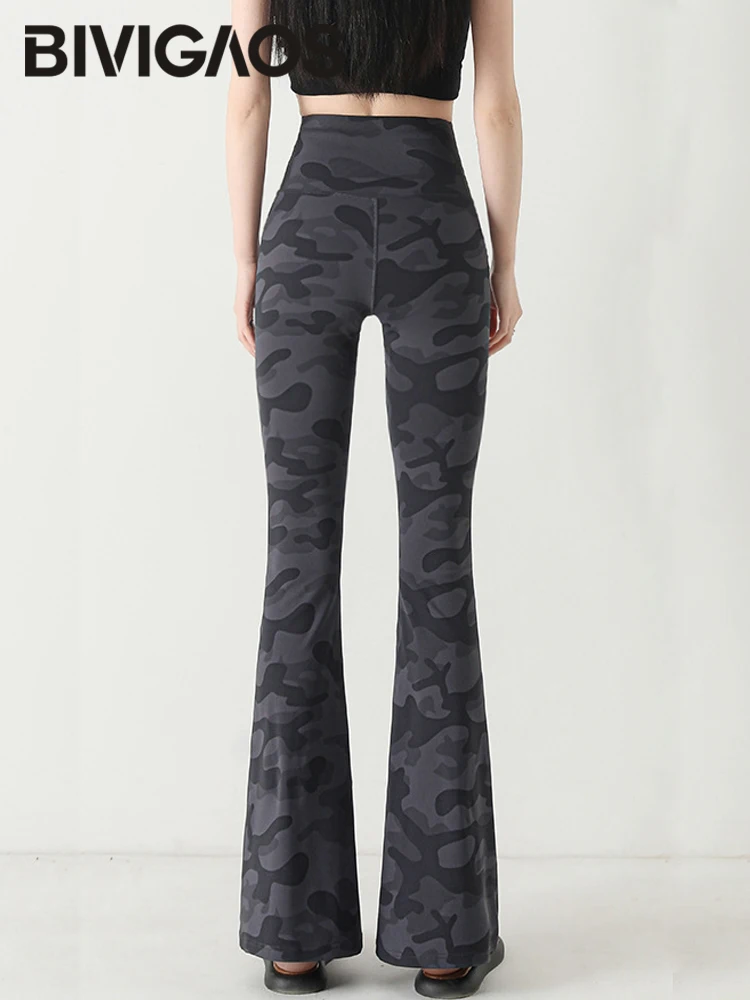 BIVIGAOS 2025 New Spring/Summer Thin Camouflage Sharkskin Flared Leggings Women Fashion Tight Slimming Sexy Elastic Flared Pants