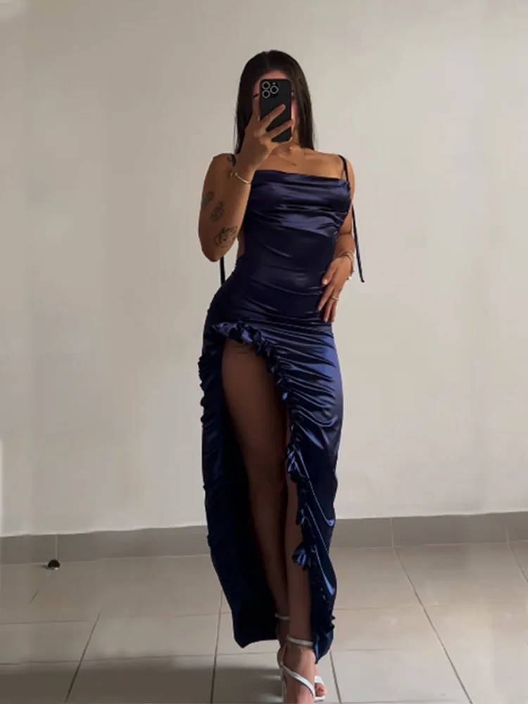

SKMY 2025 New Party Dresses Summer Y2K Clothes Women Sexy Nightclub Backless Spaghetti Strap Ruched Split Long Dresses Solid