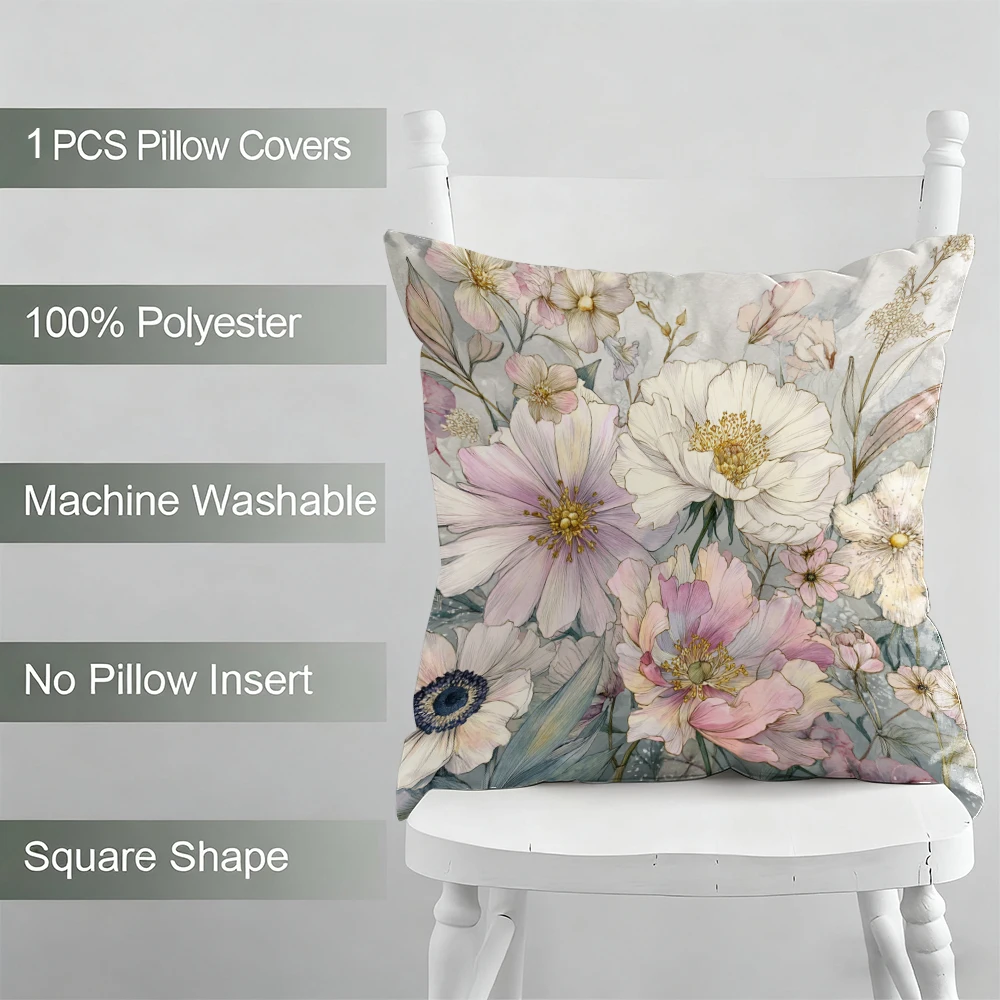 Funda de almohada con estampado floralFundas de almohada de poliéster transpirable para sala de estar, dormitorio, decoración de terraza al aire libre