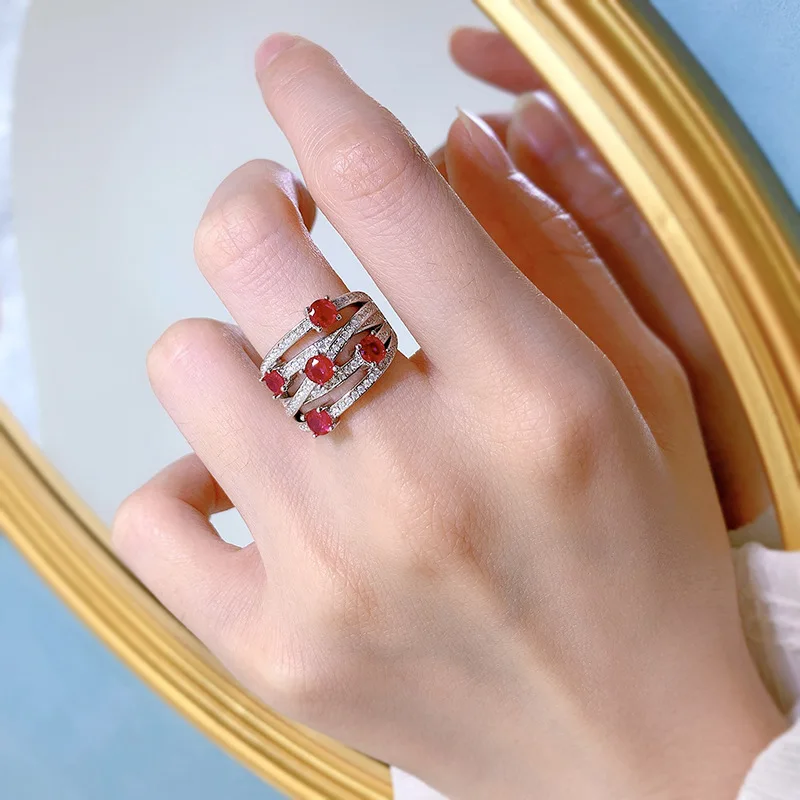 KQDANCE 925 Sterling Silver Line Cross Emerald Cut Create Ruby Diamond Rings With Red Gem Stones Wedding Jewelry for Women 2022