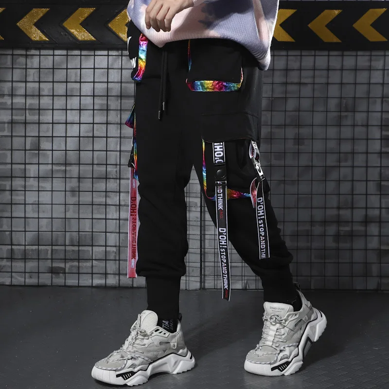 Pantalon Cargo pour homme, survêtement style Hip Hop, avec rubans et lettres, poches sur piste, tactique, décontracté, Streetwear, 2023