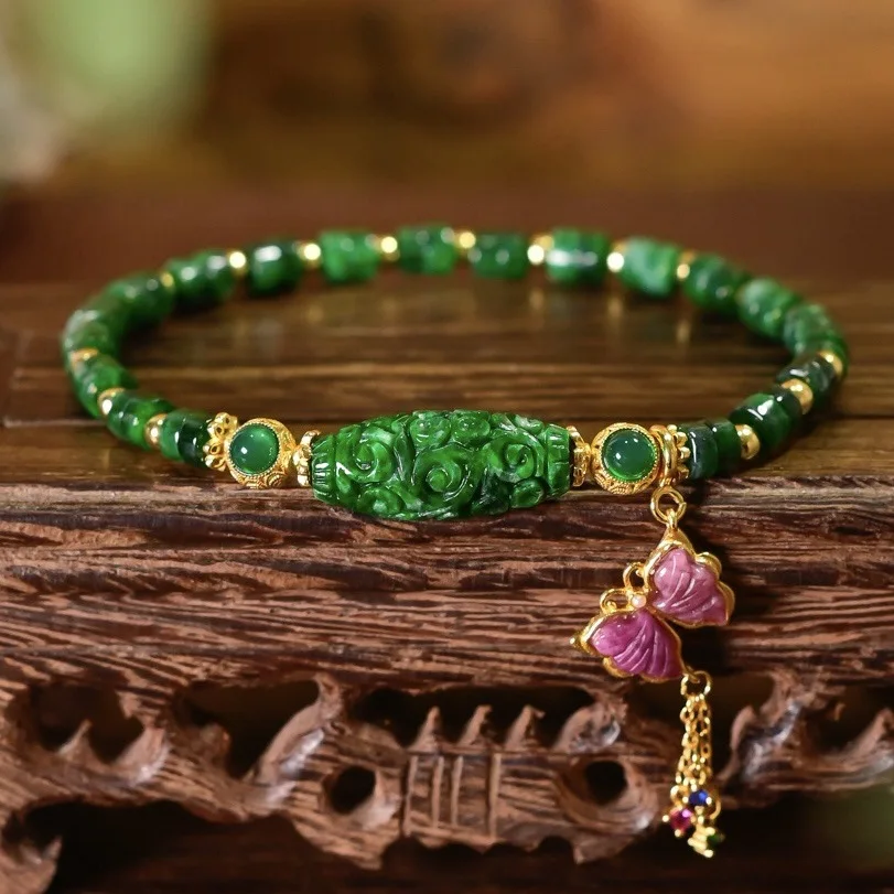 

A-Grade Dry Green Jade Bracelet, 925 Silver Inlaid Pink Tourmaline Butterfly Pendant, Chinese Gemstone Jewelry Gift