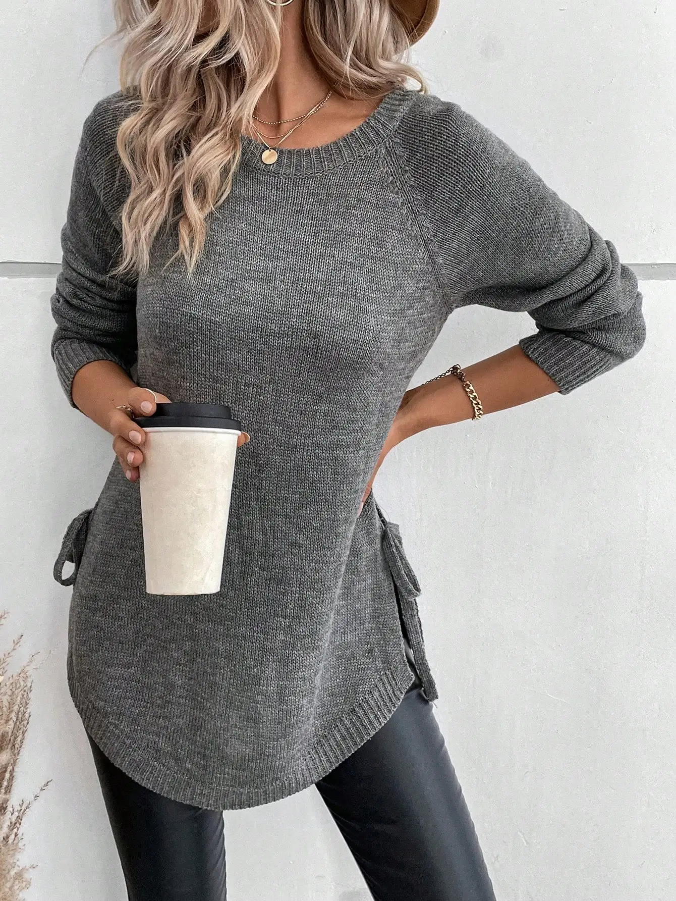 Suéter lateral com nó de manga raglan pulôver de malha outono inverno roupa