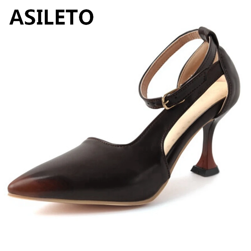 ASILETO Women Pumps Pionted Toe 7.5cm Small Thin Heel Buckle Dress Office Changed Color Big Size 42 43 Black Pink Blue