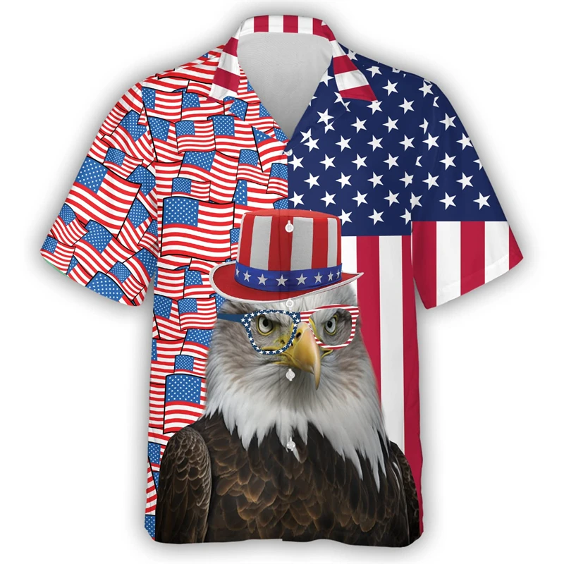 2024 American Independence Day 3D Print Shirts For Men Clothes Happy July Fourth Women Blouses USA Eagle Patriotic Lapel Blouse