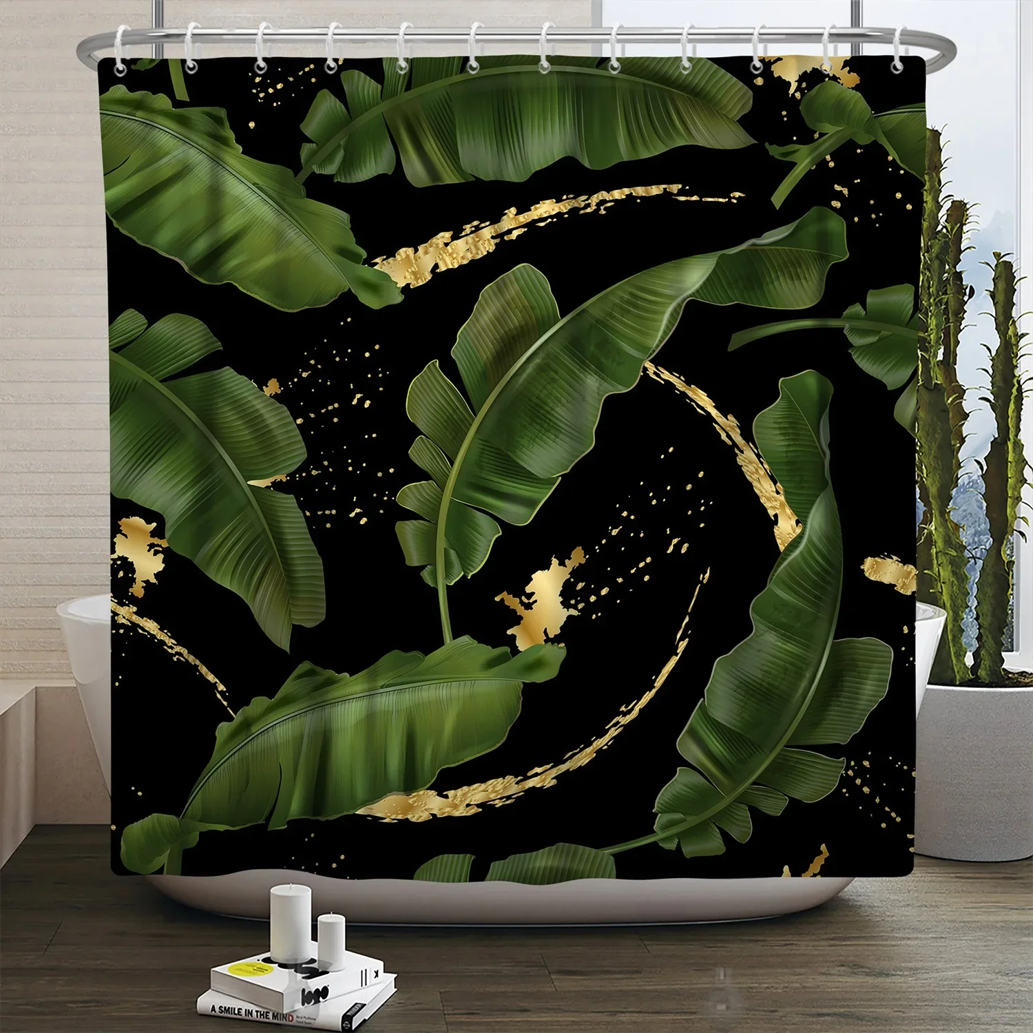 Green Banana Leaf Shower Curtain Luxury Gold Black White Background Gold Modern Bathtub Screen Waterproof Bath Bathroom Decor