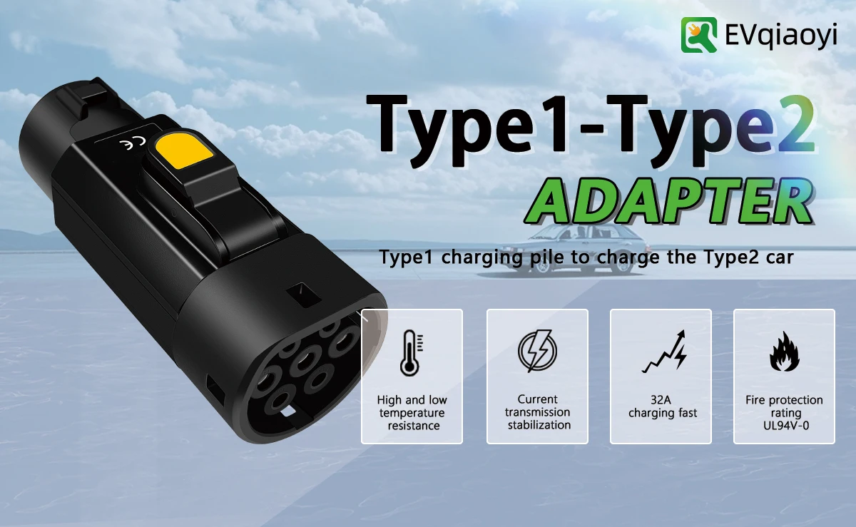 EVqiaoyi Typ1 auf Typ2 EV-Adapter 32 A 7 kW von SAE J1772 Stapel auf Typ2 EV-Ladekonverter für EU-Standard-Autos – Detail 1